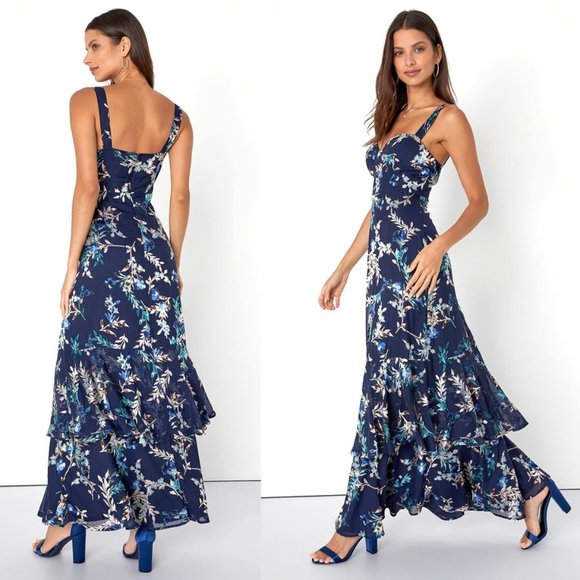 Lulus Navy Blue Velvet Floral Burnout Tiered Maxi Dress-Bustier Inspired Bodice - Picture 2 of 5